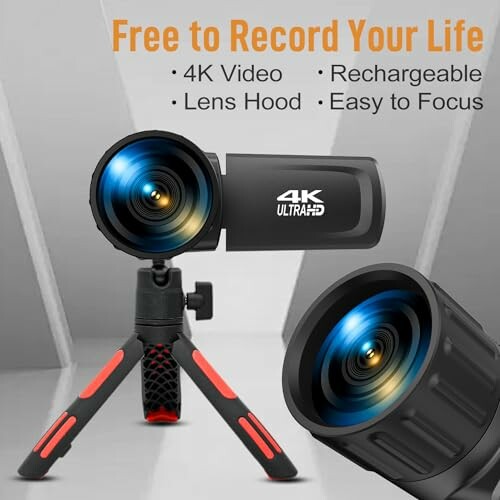 4K Ultra HD camera on tripod with lens hood, featuring text promoting video quality and rechargeability.