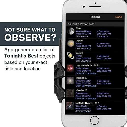 Smartphone displaying astronomy app with list of celestial objects to observe.