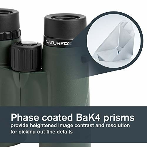 Binoculars with phase coated BaK4 prisms for enhanced image contrast.