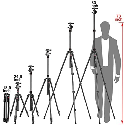 A camera tripod at various heights compared to a person, showcasing the adjustability of the MACTREM 84