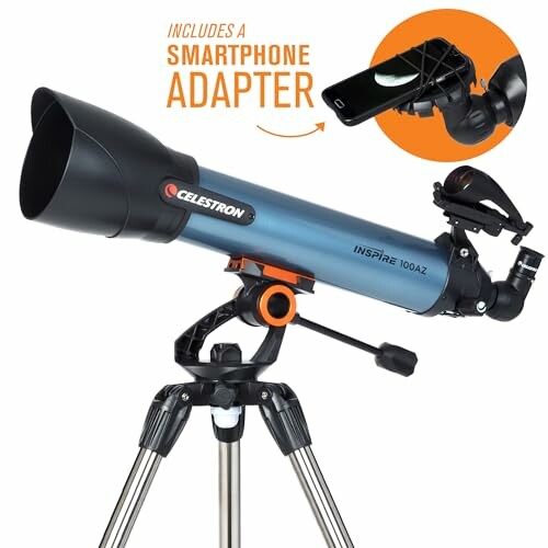 Celestron telescope with smartphone adapter on tripod.