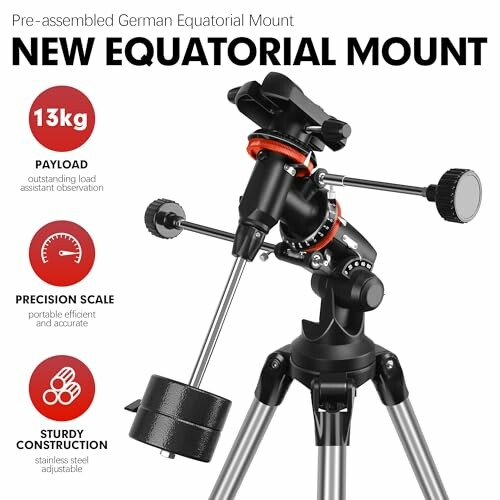 German equatorial mount with 13kg payload, precision scale, and sturdy construction.