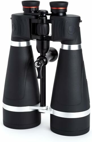 Large Celestron SkyMaster Pro 20x80 Binoculars mounted on a tripod stand.