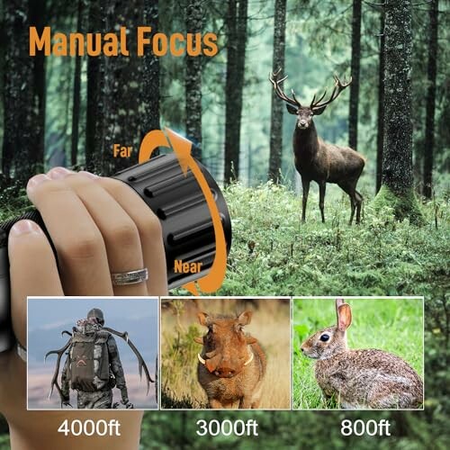 Manual focus binocular view with deer in forest and various distances shown.