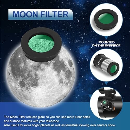 Moon filter for telescope with lunar surface details.