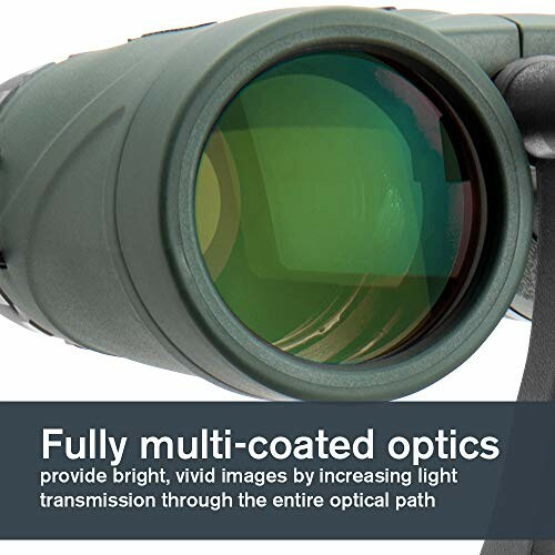 Close-up of binocular lens with green coating, labeled fully multi-coated optics.