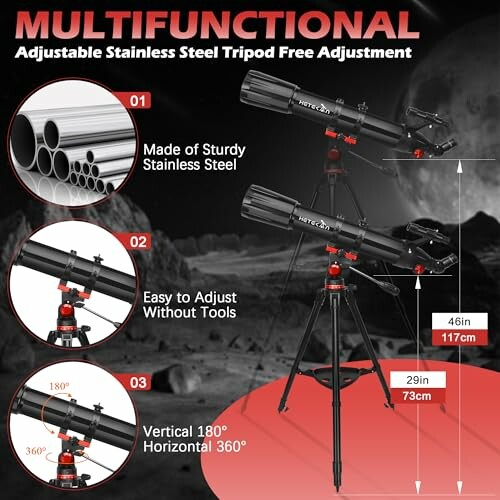 Multifunctional telescope with adjustable tripod and stainless steel construction.