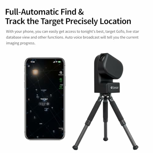 Smartphone with star map and telescope mount on tripod.