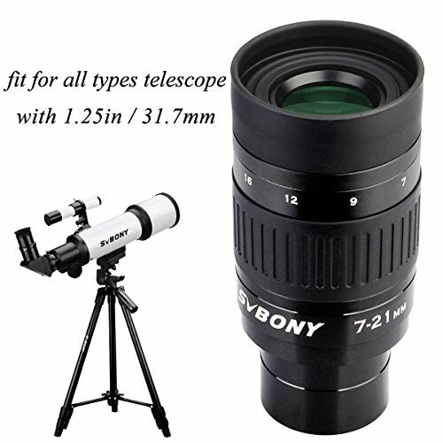 SVBONY 7-21mm zoom eyepiece for telescopes with a small telescope on a tripod.