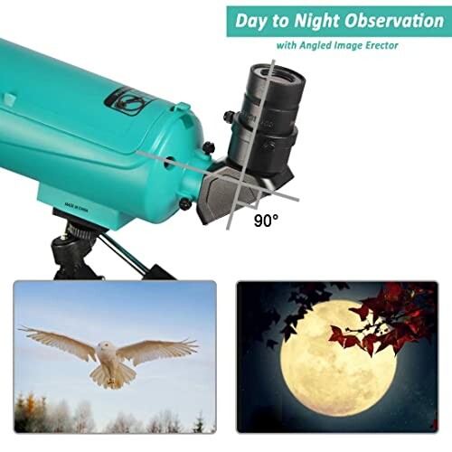 Telescope for day to night observation with angled image erector, owl flying, and moon with branches.