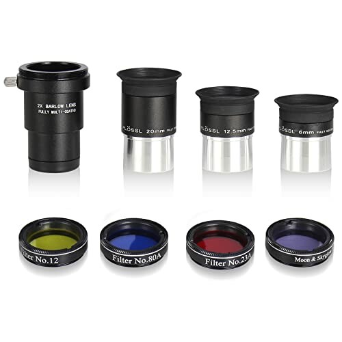 Telescope eyepiece and filter set with various lenses and color filters.