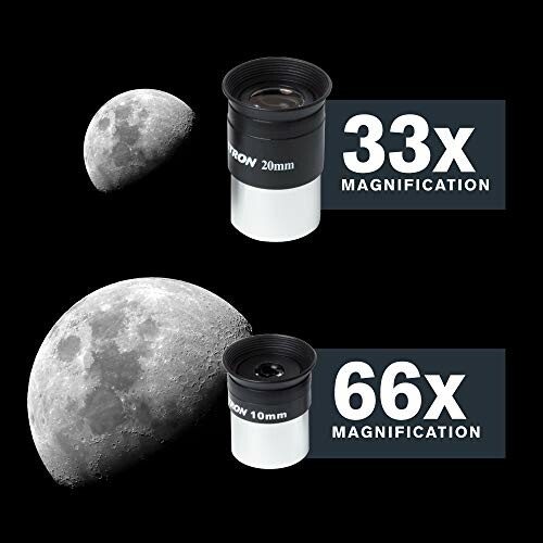 Two eyepieces showing 33x and 66x magnification with moon images