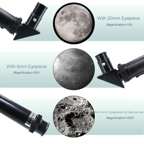 Comparison of telescope eyepieces with images of the moon at different magnifications.