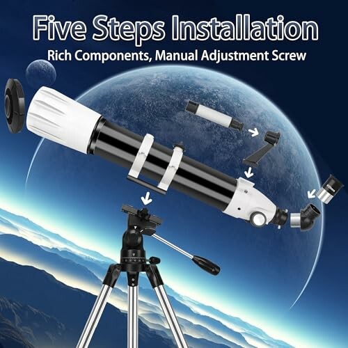 Telescope installation steps with components and tripod.