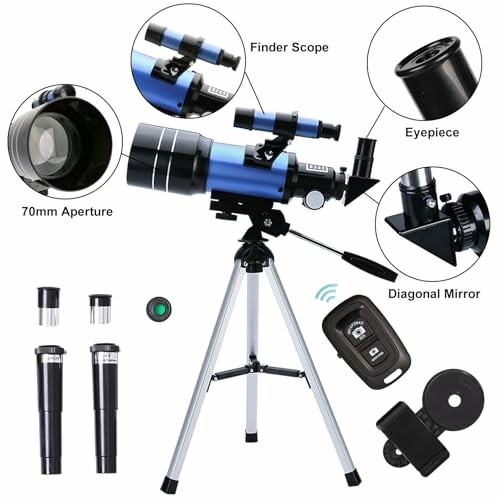 Telescope with tripod and accessories, including eyepiece and finder scope.