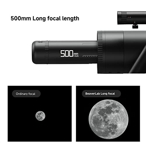 Telescope with 500mm long focal length, showing comparison of ordinary and BeaverLab long focal views of the moon.