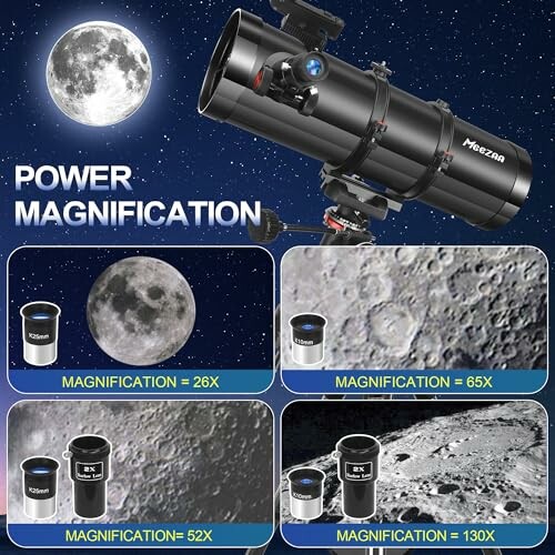 Telescope showing different moon magnifications: 26x, 52x, 65x, 130x.