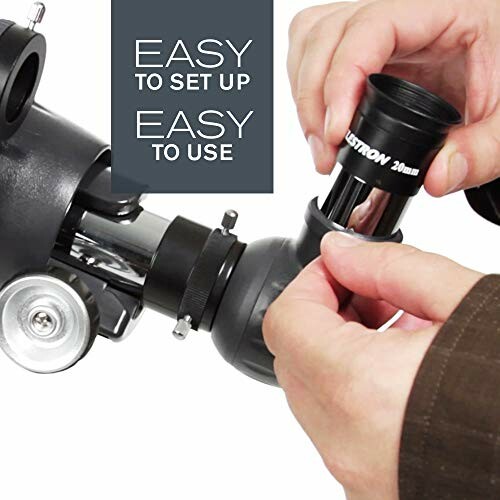 Hands setting up a telescope eyepiece with text 'Easy to set up, easy to use'