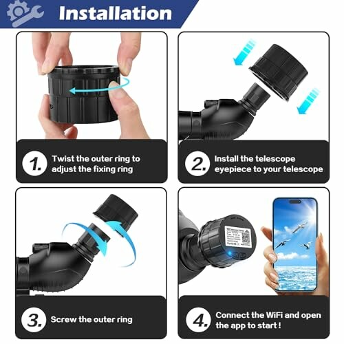 Telescope WiFi installation steps with images, including adjusting ring and connecting app.