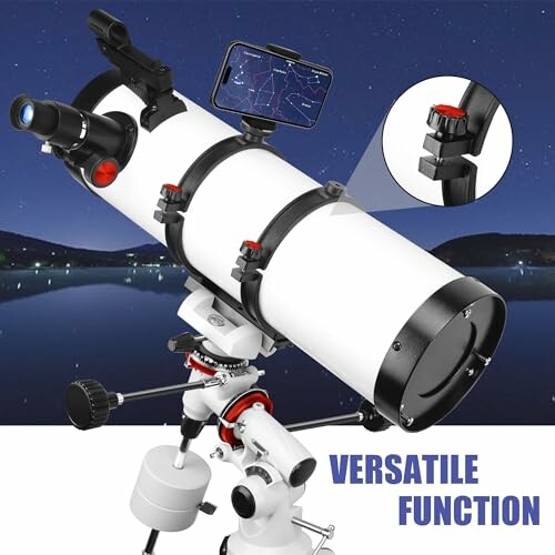 Telescope with phone mount against starry sky background