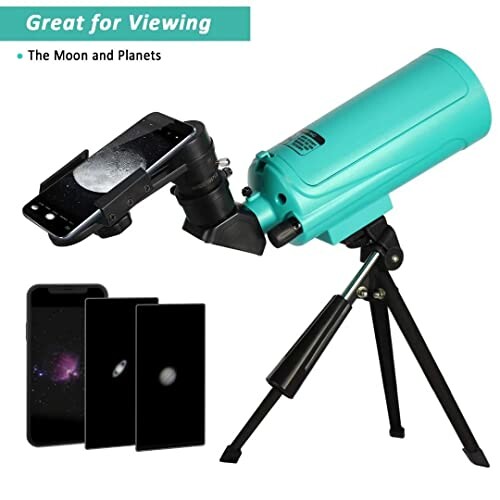 Telescope with smartphone attachment for viewing the moon and planets.