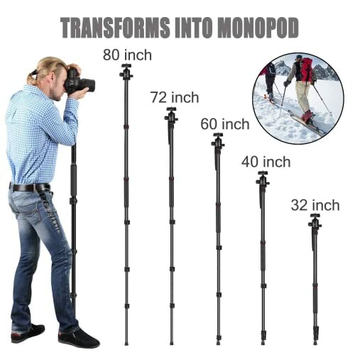 A tripod converting into a monopod with different height options, showcasing the versatility of the MACTREM 84