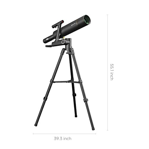 Telescope on a tripod with dimensions labeled.